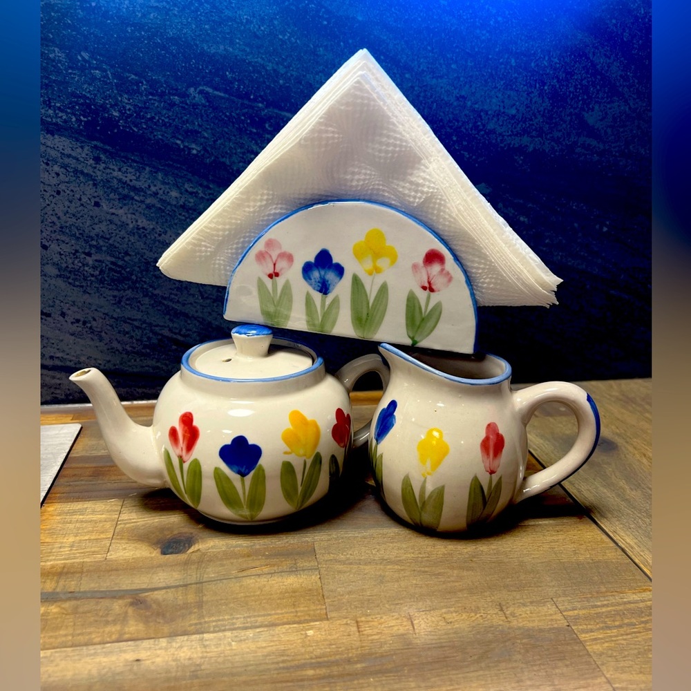 Floral Teapot, Creamer, Napkin Holder Set